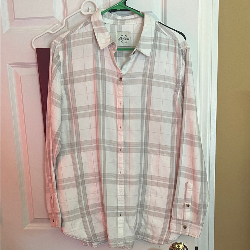 White and Light Gray Plaid Button-Down Shirt